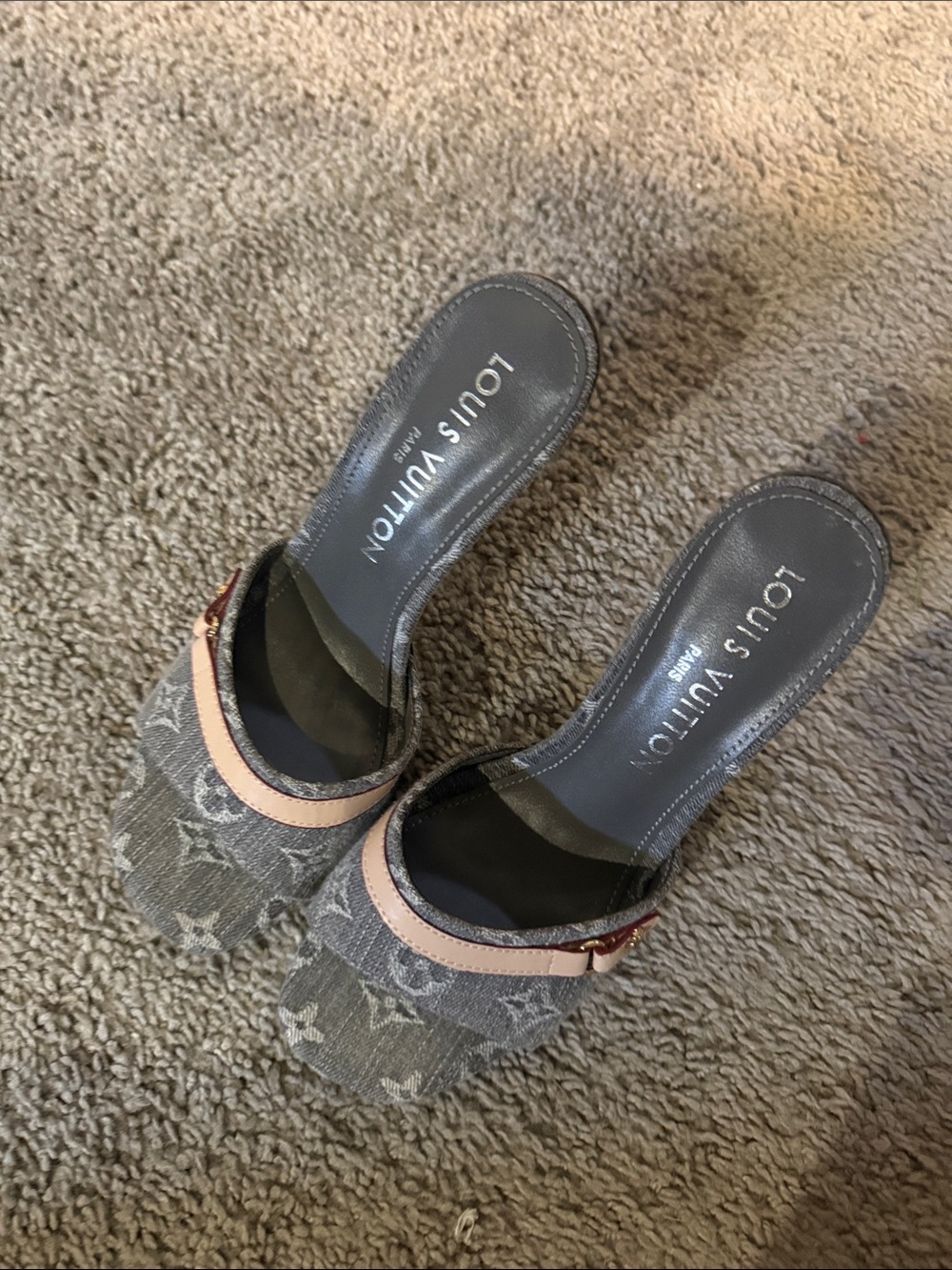 Louis Vuitton Gray Denim Monogram Slide Mules with Pink Trim